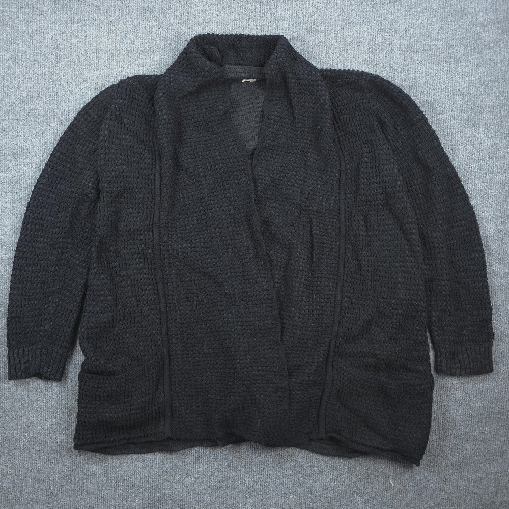 Eileen Fisher Cardigan Sweater Womens Large Black Organic Cotton Open Front Knit
